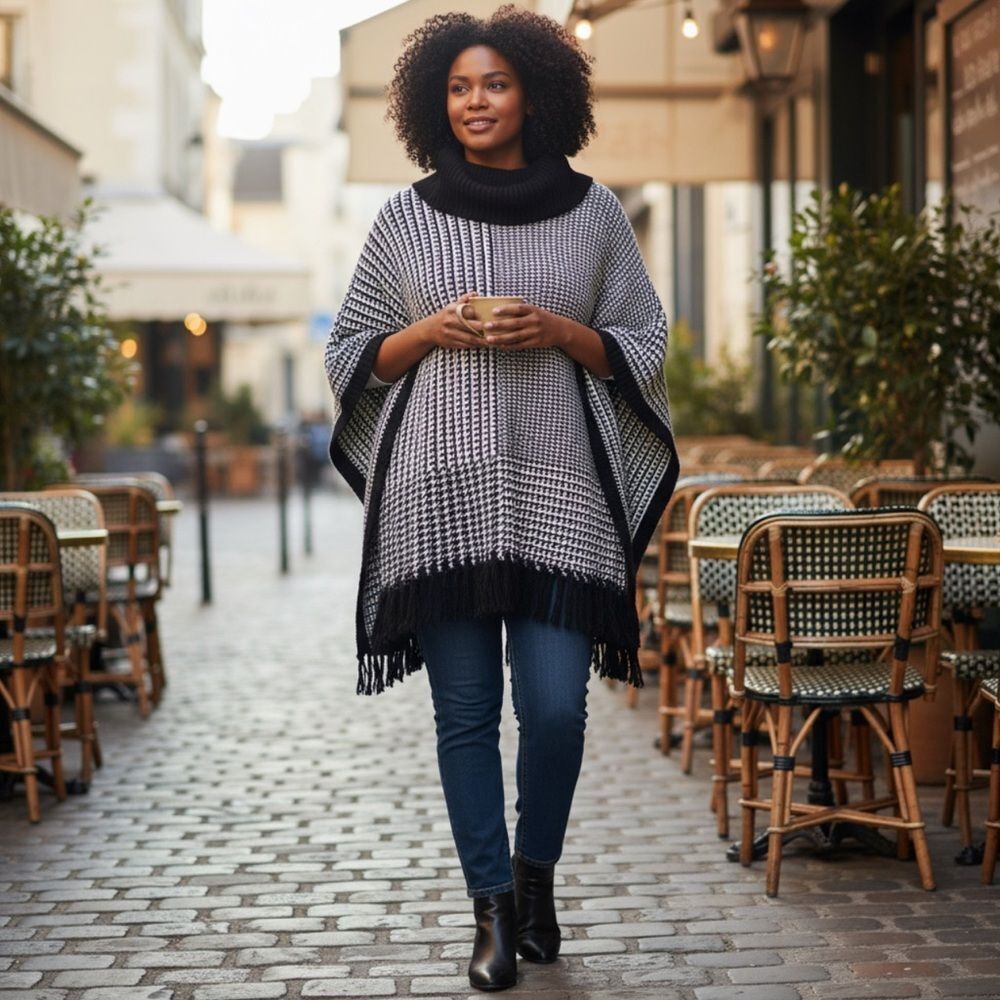 White House | Black Market Black and White Cowl Poncho Cape